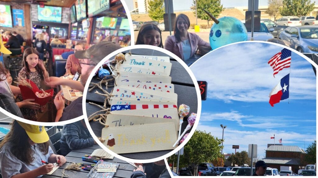 students creating thank you cards for those in the US military